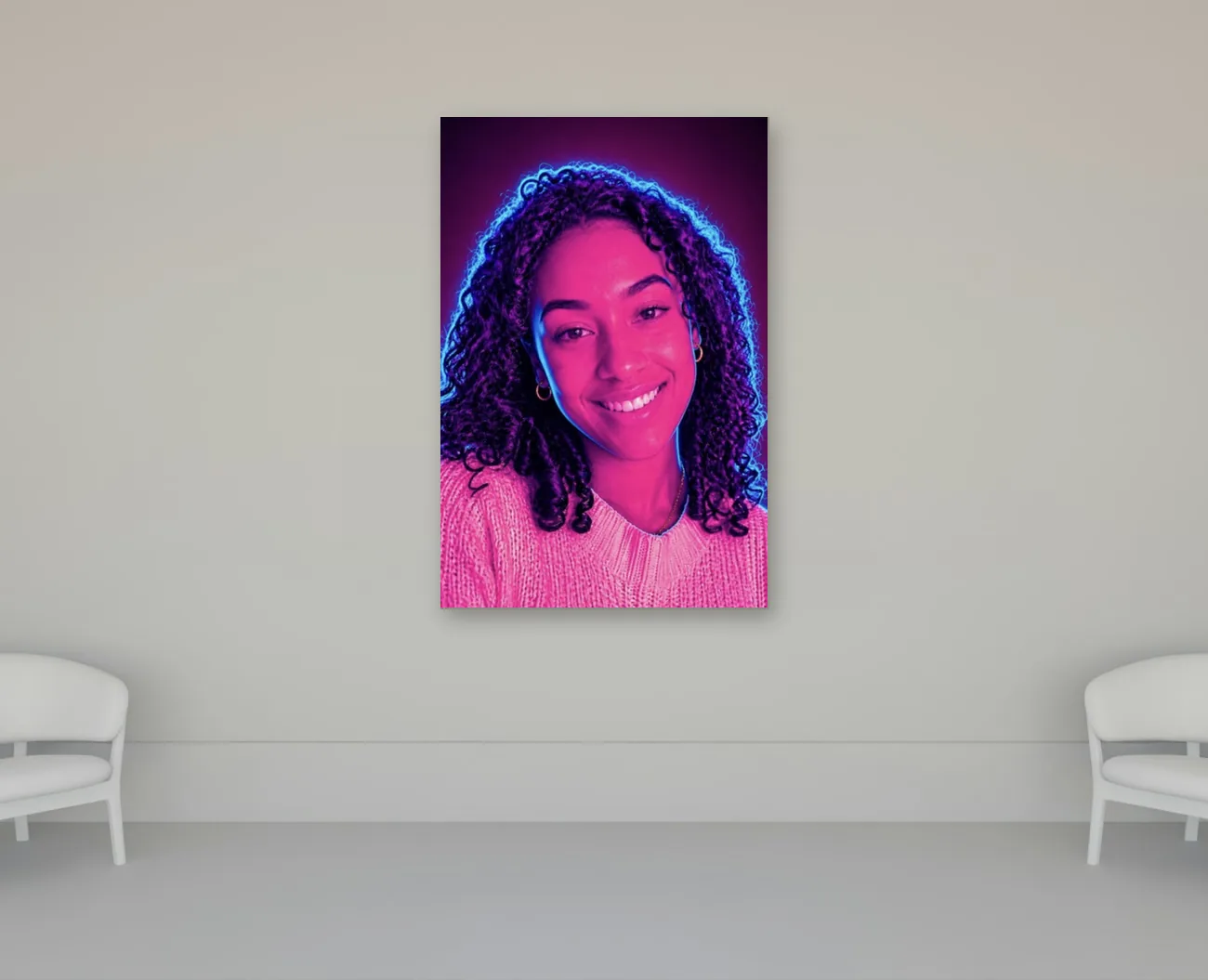 Neon portrait canvas on a gallery wall