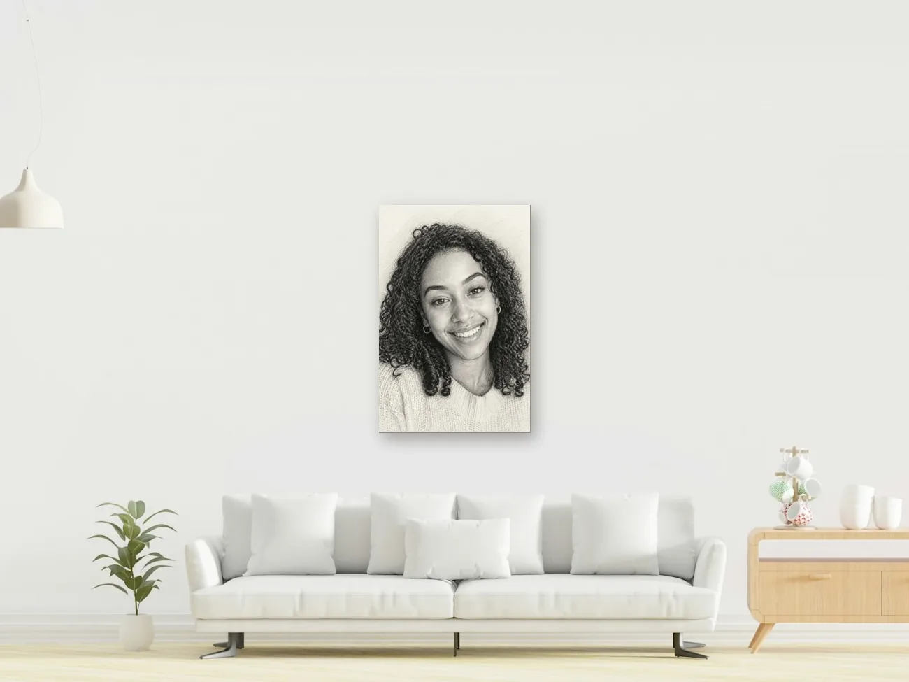 24 by 36 inch pencil sketch canvas above a sofa