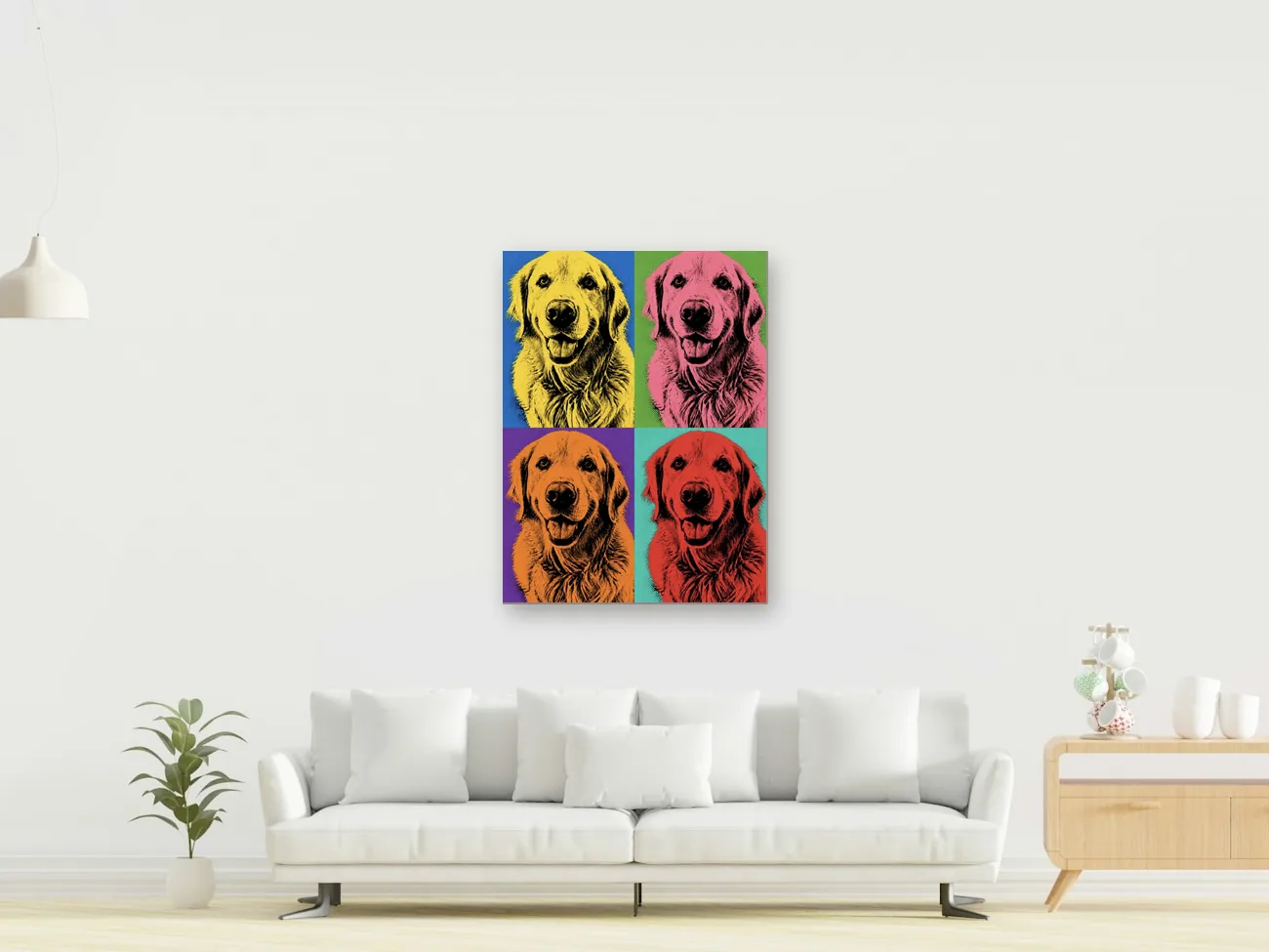 Dog pop art canvas above a sofa