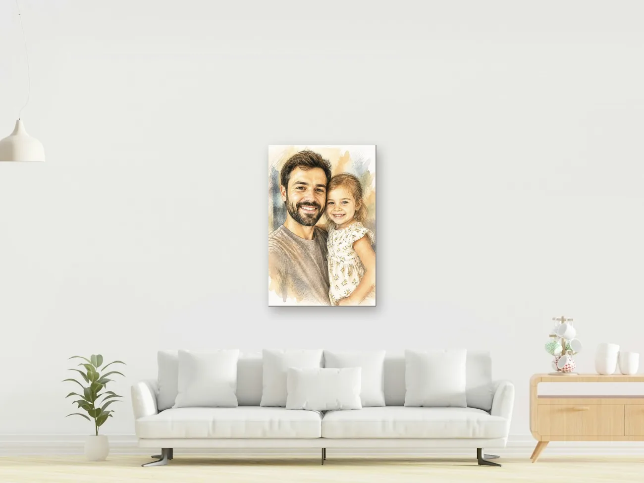 Father and daughter color sketch canvas